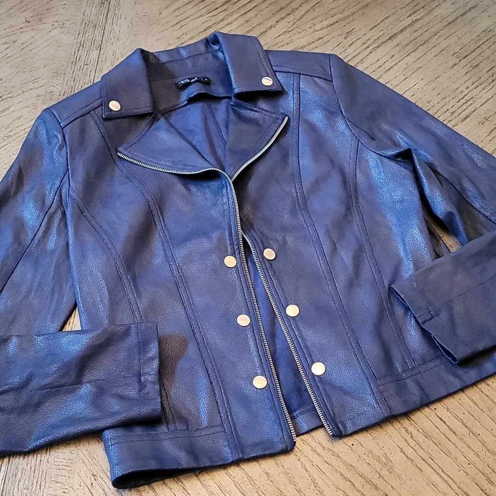 Navy open front faux leather jacket size 6 by Bali